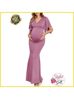 Maxi Maternity Dress Semi Formal Baby Shower Wedding Guest V-Neck Handkerchief